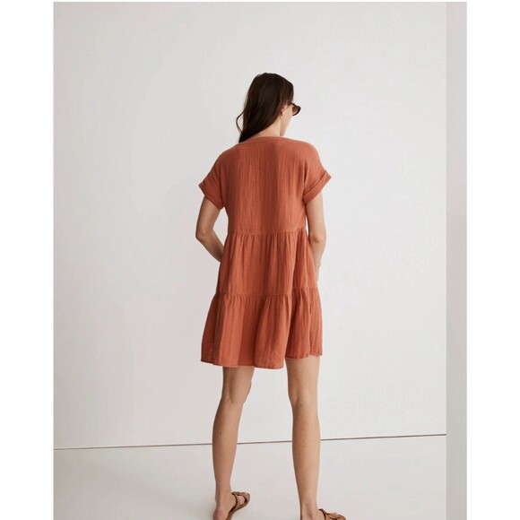 Madewell Lightspun Cuff Sleeve Button Front Tiered Dress Orange V Neck Medium - Picture 3 of 14